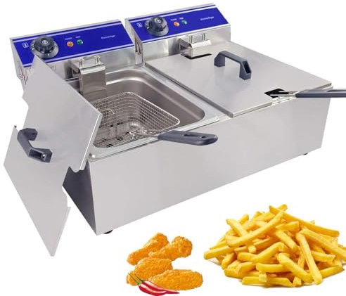 TAIMIKO Friggitrice Professionale Elettrica 2 serbatoi in acciaio inossidabile (10L+10L,olio max 6L+6L,3000+3000W,220-240V,Termostato 60-200 °C)