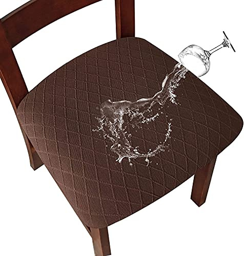 SHENGYIJING Stretch-Stuhlhussen mit Diamantgitter, wasserdicht, für Esszimmerstühle, Esszimmerstuhlbezüge, Küchenstuhlhussen mit Schnalle, Kaffee, 6 Stück