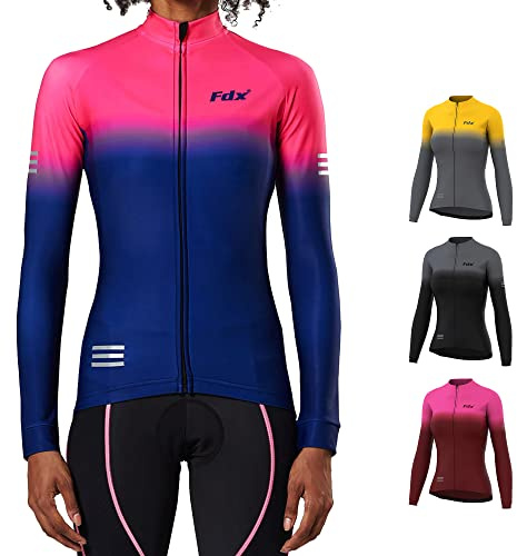 FDX Women’s Thermal Cycling Jersey Long Sleeve Italian Roubaix Winter Bike Jacket, Windproof Water Resistant Cycling Top, Breathable Full Zip High Visibility Bicycle Shirt with Pockets(Navy/Blu -L)