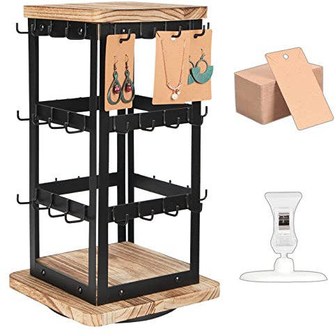 J JACKCUBE DESIGN MK1073A - Portaorecchini in metallo nero girevole a 360 gradi, espositore per gioielli, in stile fattoria vintage, supporto per collane, piercing con 48 ganci e ripiano in legno