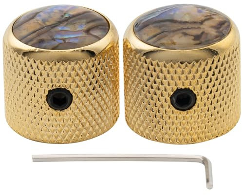 Musiclily Pro 1/4 Zoll Stahl Abalone Oberfläche Dome Potiknöpf mit Schraubbar Universal Passende Knobs für E-Gitarre und Bass, Gold (2er Set)