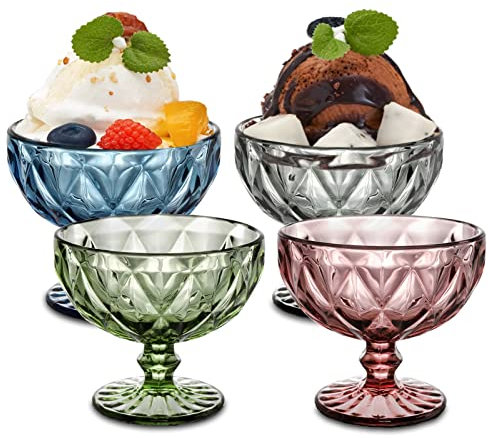 TIMEFOTO Ice Cream Glass Bowls Set of 4 Colored Large Dessert Bowls 12.5 Oz Vintage Diamond Glass with Footed Sundae Snack Cups for Farmhouse Holiday Party