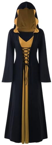FSUJWOA Costumi di Halloween per adulti da donna, abito lungo con cappuccio medievale per donna, abito alla moda per cosplay(nero e oro,L)