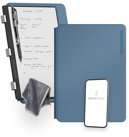 Rocketbook PRO 2.0 Wiederverwendbares Digitales Notizbuch A4 Stahlblau Elektronischer Notizblock mit 20 Blatt Liniert und mit Punktraster, Hardcover Veganes Leder mit inkl. Pilot Frixion Stift