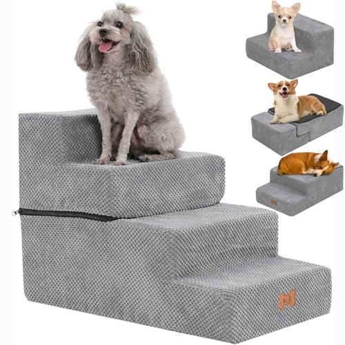 Dog Stairs for Bed and Sofa 4 Steps High Density Non-Slip Foam Pet Steps Portable Pet Ramp Ladder for Small Dogs Cats with Removable and Washable Plush Cover for Older Dogs/Cats with Joint Pain