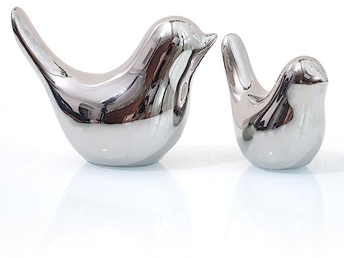 Notakia 2er Set Vogel Figur Silber aus Keramik, Modernes Vogelpaar im minimalistischen Stil, Wohnzimmer Dekoration, Tischfigur, Regalfigur, Wohnaccessoire modern
