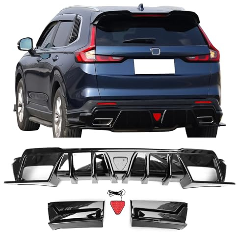 IKON MOTORSPORTS Rear Diffuser W/Brake Light, Compatible with 2023-2026 Honda CR-V Hybrid Only, IKON Style Gloss Black PP Shark Fin Rear Bumper Valance Spoiler, Air Dam Chin Splitter Molding 3PCS
