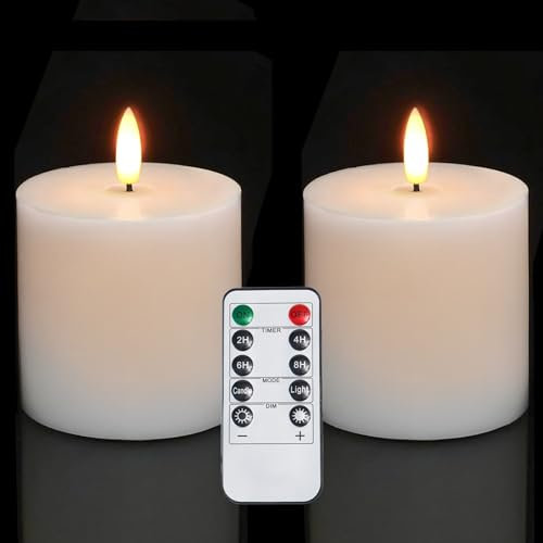 Homemory White Flameless Candles Battery Operated with Remote Timer, 3x3 Real Wax LED Pillar Candle for Home Fireplace Bedroom Living Room Party, Set of 2
