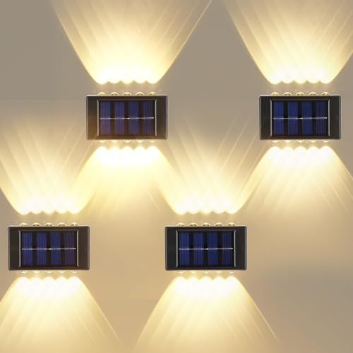 Konesky Solar Lights Outdoor Up and Down, 8 LED Wall Lamp, IP65 Waterproof Outdoor Led Wall Light for Garden Yard Patio Balcony Fence, 4 Pack (Warm white-4pcs)