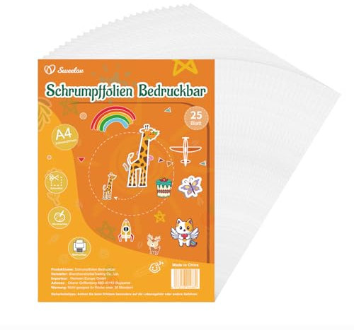 Sweelov 25 Stück Schrumpffolien Bedruckbar a4 -Transparent schrumpffolienplatten - Matt Schrumpfende Plastikfolie zum basteln Deko Folie für Handwerk