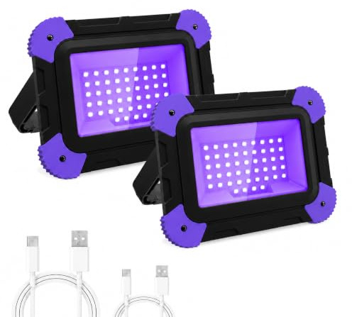 T-SUN 2 Packs UV Light, 60 LED Black Light Fixture, 400-405 nm Wavelength 2 Modes 6000mAh Blacklight for Halloween Decorations Outdoor Glow Party Body Paint Night Fishing