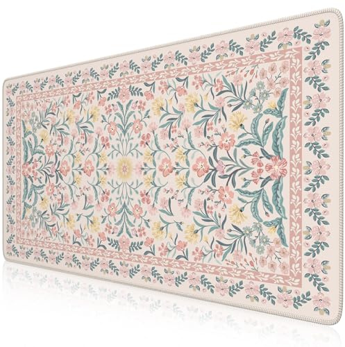 iCasso Pink Floral Desk Mat, Desk Pad, XXL Large Mouse Pad, Anti-Slip Big Mousepad with Stitched Edges, Computer Mouse Pads for Desktop Decor, Cute Office Desk Accessories for Women(Pink)