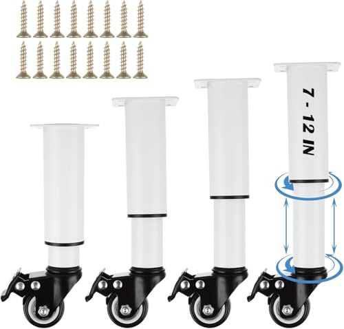 LOPYXBR Set of 4 Metal Adjustable Furniture Legs with Wheels 7-12 Inch White Adjustable Table Legs with Casters Heavy Duty Movable Bed Support Legs Replacement with Brake for Cabinet Sofa Bed, 440 LBS