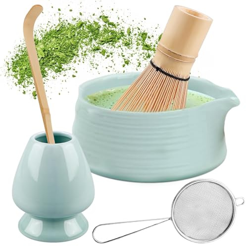 Matcha Tee Set, Matcha Besen Set mit Matcha-Schneebesen, Besenhalter, Matcha Schale aus Keramik, Teelöffel, Matcha Sieb, Japanisches Zubehör für die Matcha-Zeremonie