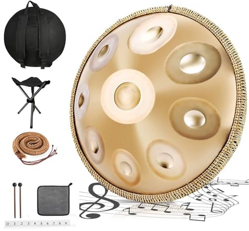 Handpan 440 Hz, 9 Töne 22 Zoll Steel Instrument, Handpan Drum Gold in D Minor Zungentrommel mit Weicher Tasche, Schlägeln, Handtrommelständer (Gold, 9 Töne 22 Zoll)