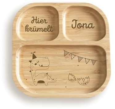 hellomini Personalisierter Babyteller mit Saugnapf – Individueller Kinderteller aus hochwertigem Bambusholz – Geschenk zur Geburt & Taufe – BPA-frei (Dino, Nur Teller)