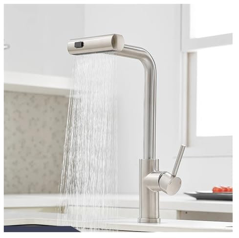 Ausziehbare Küchenarmatur aus Edelstahl 304, schwarzes Nickel, Mischbatterie mit Wasserfall, 3668 Multifunktions-Spülung, drehbar (gebürstetes Nickel, G1/2)