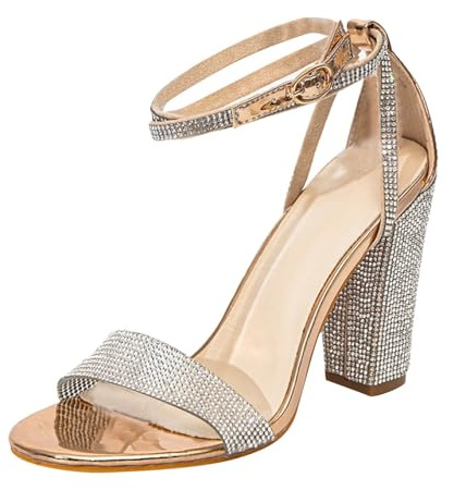 Sandaler damer sommar elegant hög klack – sandaletter glitter strass pumps kors ankelrem höga klackar blockklack rempumps öppen klänning skor bröllop högklackade skor, Guld, 40 EU