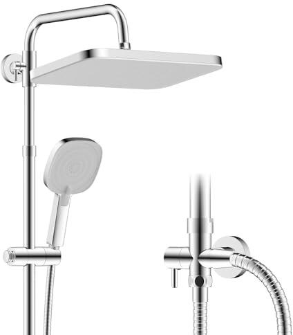 Hibbent Self-Cleaing Rainfall Shower Kit with 304 Stainless Steel Shower Rail,Height Adjustable,Without Mixer, Brass Diverter,30 * 20cm,White Panel with Chrome Frame