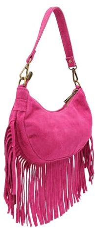 Pluspup Women's Italian Genuine Suede Half Moon Fringed Vintage Sling Crossbody Bag Shoulder Handbag