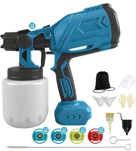Akku Farbsprühsystem kompatibel mit Makita 18V, Elektrische Spritzpistole | mit 5 Düsen 3 Muster Farbsprühgerät, Kabelloser Farbsprüher 1000 ml für Gartenzaun Wände Möbel Decke DIY (ohne Akku)
