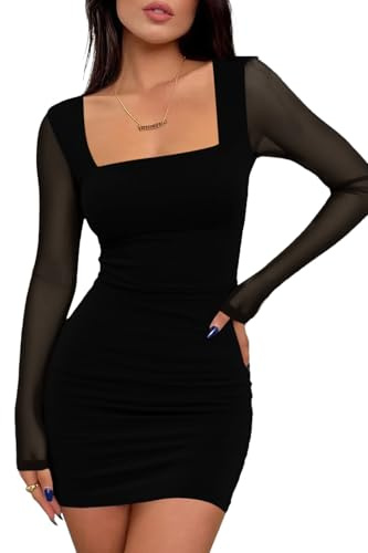 Cicy Bell Damen Bodycon Kleider Sexy Mesh Langarm Minikleid Square Neck Partykleid Clubkleid Cocktailkleid Slim Fit Bleistiftkleid Schwarz S