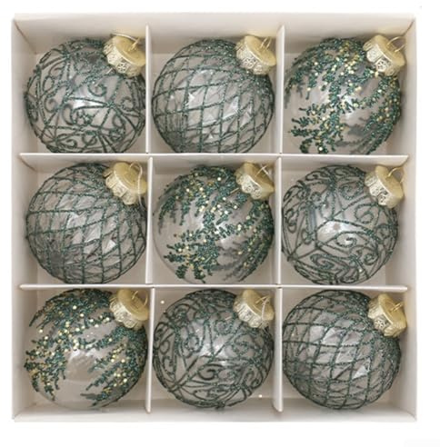 Eawfgtuw Elegantes 9-teiliges transparentes Weihnachtskugel-Set, 8 cm, weiß, rot, grün bemalt, Ornamente für Zuhause, Büro, Baumdekoration, transparente Weihnachtskugeln (grün)