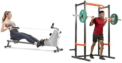 Sunny Health & FitnessCompact Folding Magnetic Rowing Machine w/ 109 cm Slide Rail, 130 KG Max + Power Zone Strength Rack Power Cage - 455 KG Weight Capacity, Spotter Bar, Angled Pull-Up Bar