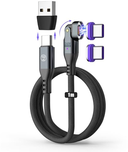 Cable Magnético usb c Carga Rápida y Datos -2025 chip- 240W 48V/5A - Giro 180° Cómodo y Compatible Car Play, Móvil, Tablet, Portátil... Indicador Led, Magnetic usb c Charging (1m + 2 Tips C)