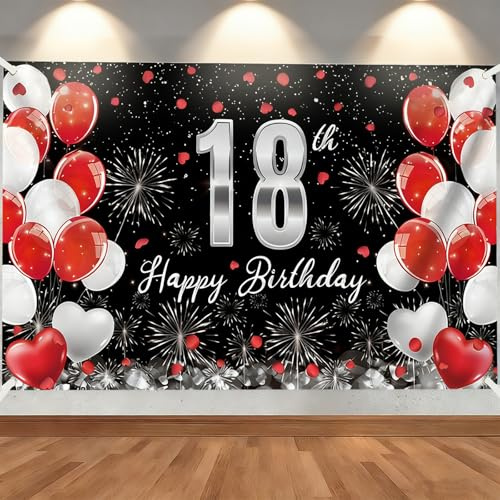 Deko 18. Geburtstag Banner für Mädchen und Jungen Happy Birthday Party Dekoration in Rot und Schwarz Stoff Banner 180 x 110 cm Geburtstagsdeko Hintergrund für Frauen und Männer
