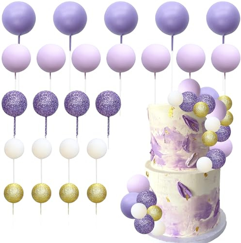 Gyufise 50Pcs Ball Cake Topper Sticks Mini Balloons Cake Decoration Foam Balls Cake Toppers for Wedding Baby Shower Birthday Party Supplies Purple