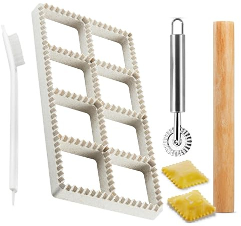 Ravioli Cutters Set Include Ravioli Maker Press Stainless Steel Ravioli Cutter Wood Rolling Pin Cleaning Brush Customized Instruction Manual Makes 8 Raviolis at a Time
