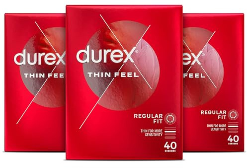Durex Thin Feel, 120 Condoms, with Silicone Lube, Easy On Shape, Regular Fit, Natural Latex, Thin for More Sensitivity, Same Durex Security and Protection, Teat Ended