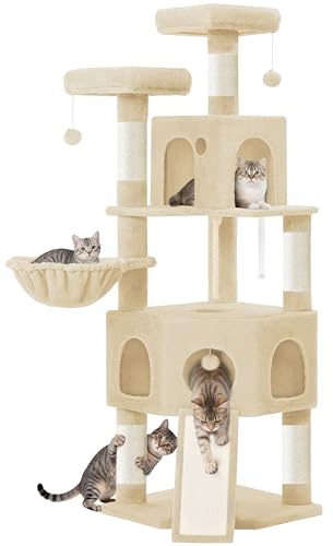 Hzuaneri Kratzbaum, 174cm Katzenbaum, XL, 2 Plattformen Höhlen, Beige | 4 Kratzsäulen, 1 Katzenkratzbrett, Sisalseil, Plüschbälle, Katzenkratzbaum für Mehrkatzenhaushalte, MS17418YL