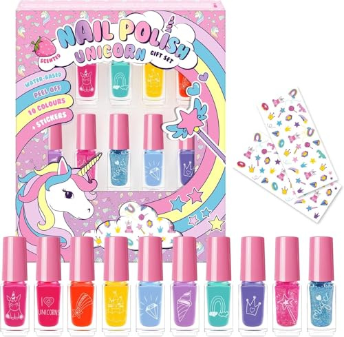 Set di Smalti per Bambini Unicorn - 10 smalti peel-off a base d’acqua con sticker, Edizione Magica e Fantasia, formula atossica, 5 ml, marchio britannico