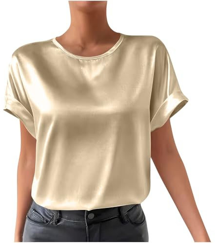 Women Silky Satin Blouses Basic Solid Colour Oversized Tops Casual Loose Short Sleeve Crew Neck Shirt Ladies Cuff Sleeve Tunic Top Elegant Dressy Silk Blouse for Business Work Party Gold