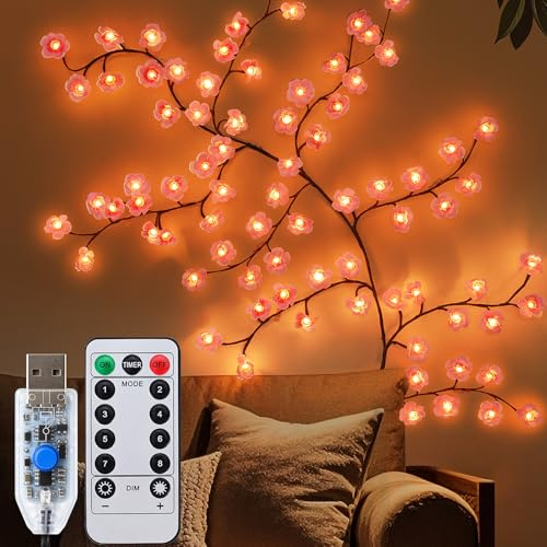 Ninonly Lichterkette Kirschblüten Zweige, 1.8m 96 LED Wand Lichterkette mit Fernbedienung, 8 Modi Lichterzweige Wanddeko für Schlafzimmer Wedding Raum Deko, Geschenk für Frauen