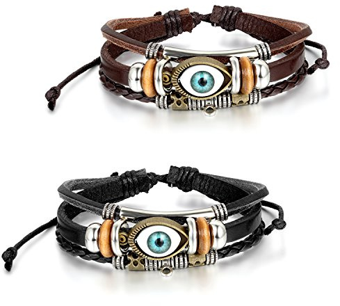 JewelryWe Leather Vintage Turkish Blue Evil Eye Bracelet Luck Protection Men Women Braided Wrist Cuff, Adjustable 8.1-10.8inches