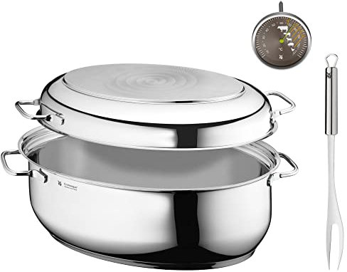 WMF Bräter mit Deckel backofengeeignet, 8,5l, Bräter Induktion, Cromargan Edelstahl, Induktionsdeckel, Bratenthermometer, Fleischgabel, 41x28,5x18cm