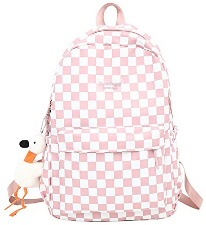 Cpolebev Checkerboard Fashion Backpack Outdoor Travel Students Grid Light Shoulder Bag, Pink, M, Traditional Backpacks