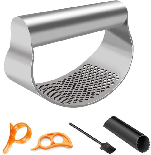 Knoblauchpresse Wippe Edelstahl Knoblauchwippe - Garlic Press Innovatives Design Küchenhelfer mit Silikon Knoblauchschäler Reinigungsbürste und Orangenschäler Spülmaschinenfest Einfach zu Reinigen