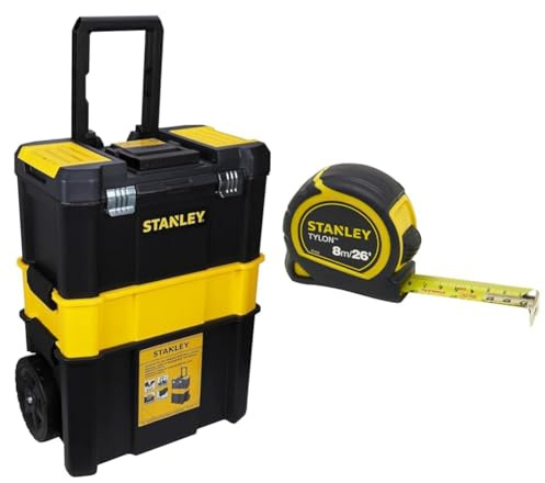 STANLEY Essential Rolling Workshop Toolbox, 3 Tier Stackable Units, STST1-80151 & Tylon 8m/26ft Pocket Tape Yellow/Black, 0-30-656