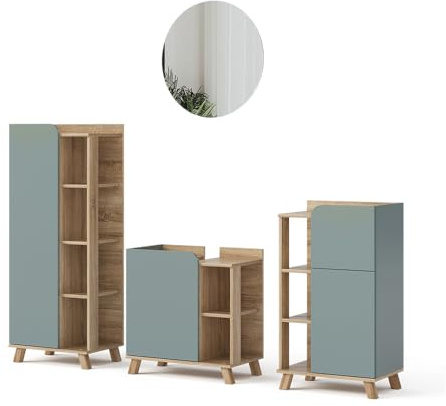 Vicco Set di mobili da bagno Karen, Sonoma/blu, 60 cm, composto da mobile lavabo, pensile a specchio, colonna e base media