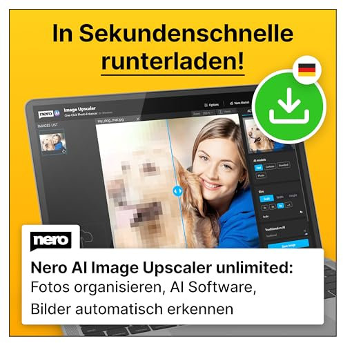 Nero AI Image Upscaler Unlimited | KI | Bilder vergrößern + nachschärfen | Skalieren auf 4K | Fotoqualität verbessern | Windows 11 / 10 | 1 Gerät | Unlimitierte Lizenz | Aktivierungscode per Email