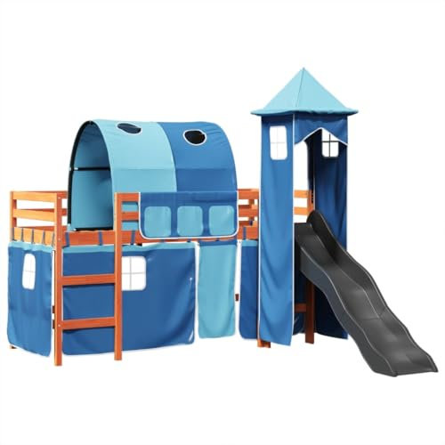vidaXL Kinderhochbett mit Turm, Hochbett mit Rausfallschutz, Kinderbett mit Leiter Rutsche, Spielbett Etagenbett, Blau 80x200cm Massivholz Kiefer