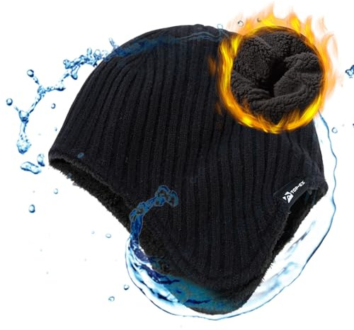 Übergroße XL/XXL Merinowoll Mischung Fleece Futter wasserdichte Ohrenschützer Beanie Mütze Extra groß große Köpfe Männer Frauen Winter gestrickte warme Schädelmütze Skifahren kaltes Wetter Schwarz