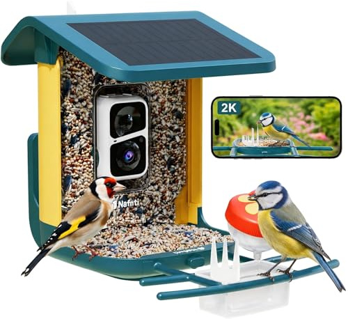 Mangeoire à Oiseaux avec Caméra 2K Solaire, Grand Réservoir 1,8 L, WiFi 2,4/5 GHz, Vision Nocturne Couleur, Identification IA 10 000 Espèces, Stockage Carte TF sans Abonnement, IP65