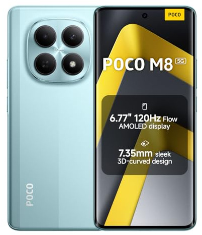 XIAOMI POCO M8 5G - Smartphone de 8+512GB, Pantalla de 6,77 120Hz Flow AMOLED, Snapdragon 6 Gen 3, cámara Dual de 50MP IA, Carga Turbo de 45W, Cargador no Incluido, Verde (Versión ES)