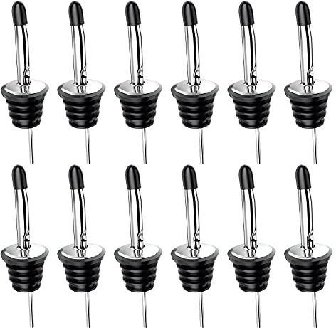 Liquor Pourer, 12Pack Stainless Steel Freeflow Speed Bottle Dispenser with Tapered Spout and Rubber Dust Caps for Wine and Spirits Bottles