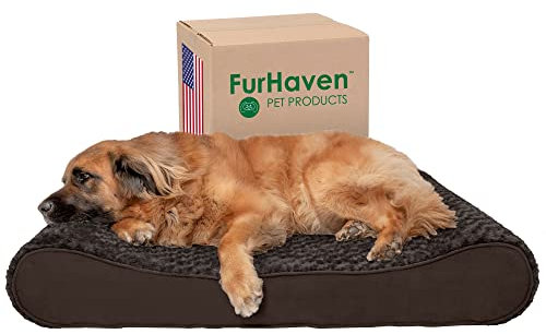 Furhaven Ortopedisk säng för stora hundar avtagbart tvättbart överdrag för hundar upp till 68 kg ultramjuk plysch madrass choklad jumbo Plus/XXL